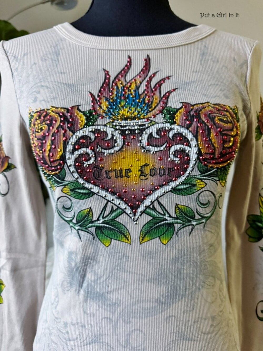 Vocal Apparel Women's Crystal Old School Taupe True Love Tattoo Shirt S M L Y2K - Picture 3 of 4